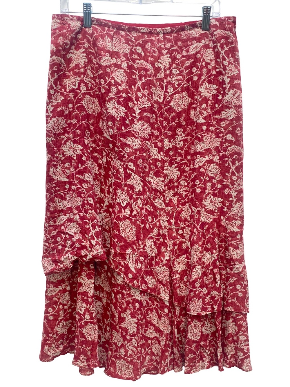 Peruvian Connection floral red and cream asymmetrical tiered midi skirt size 10